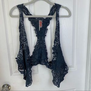 Free People Floral Crochet Lace Vest Midnight Blue One Size